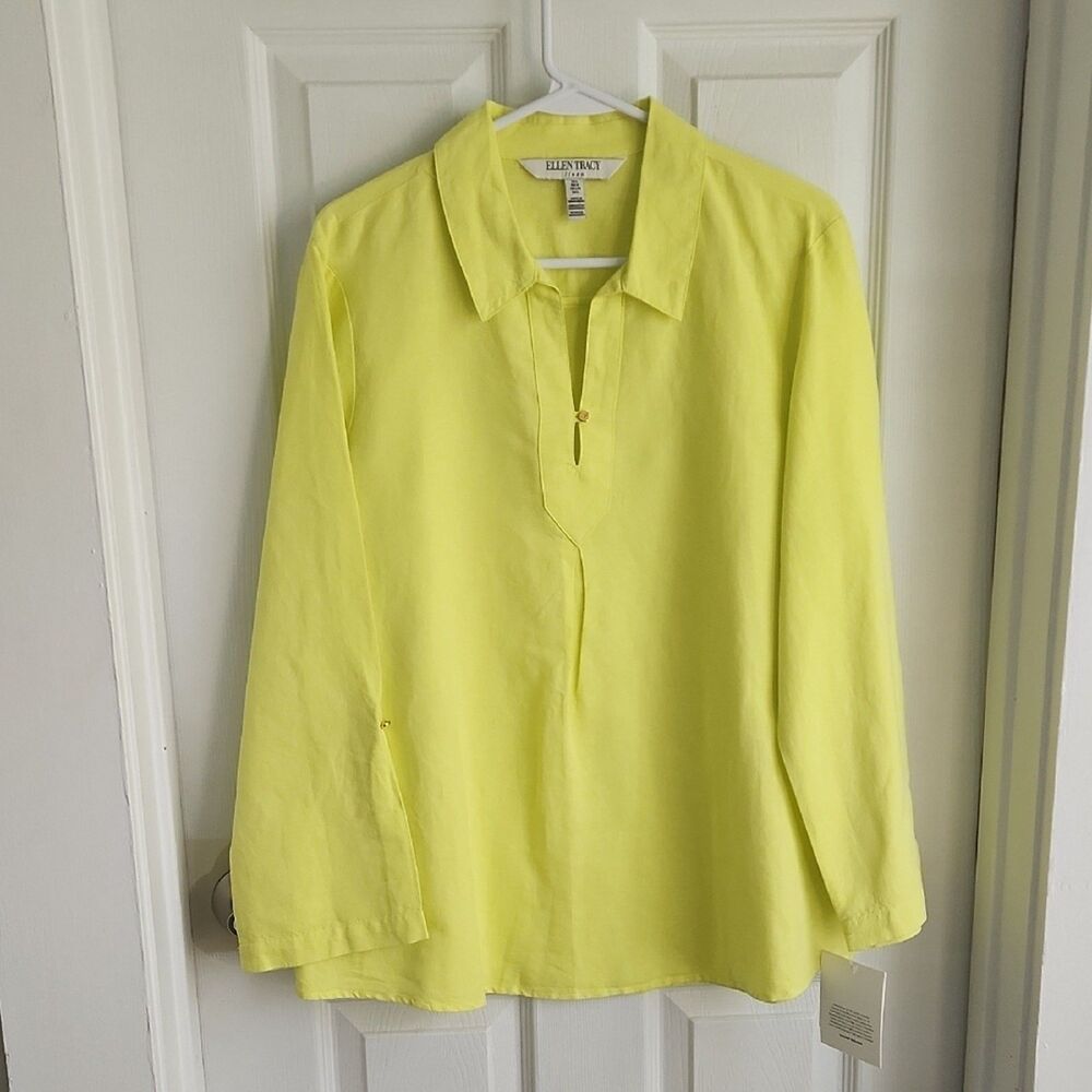 Ellen Tracy Yellow Long Sleeve Linen Blouse